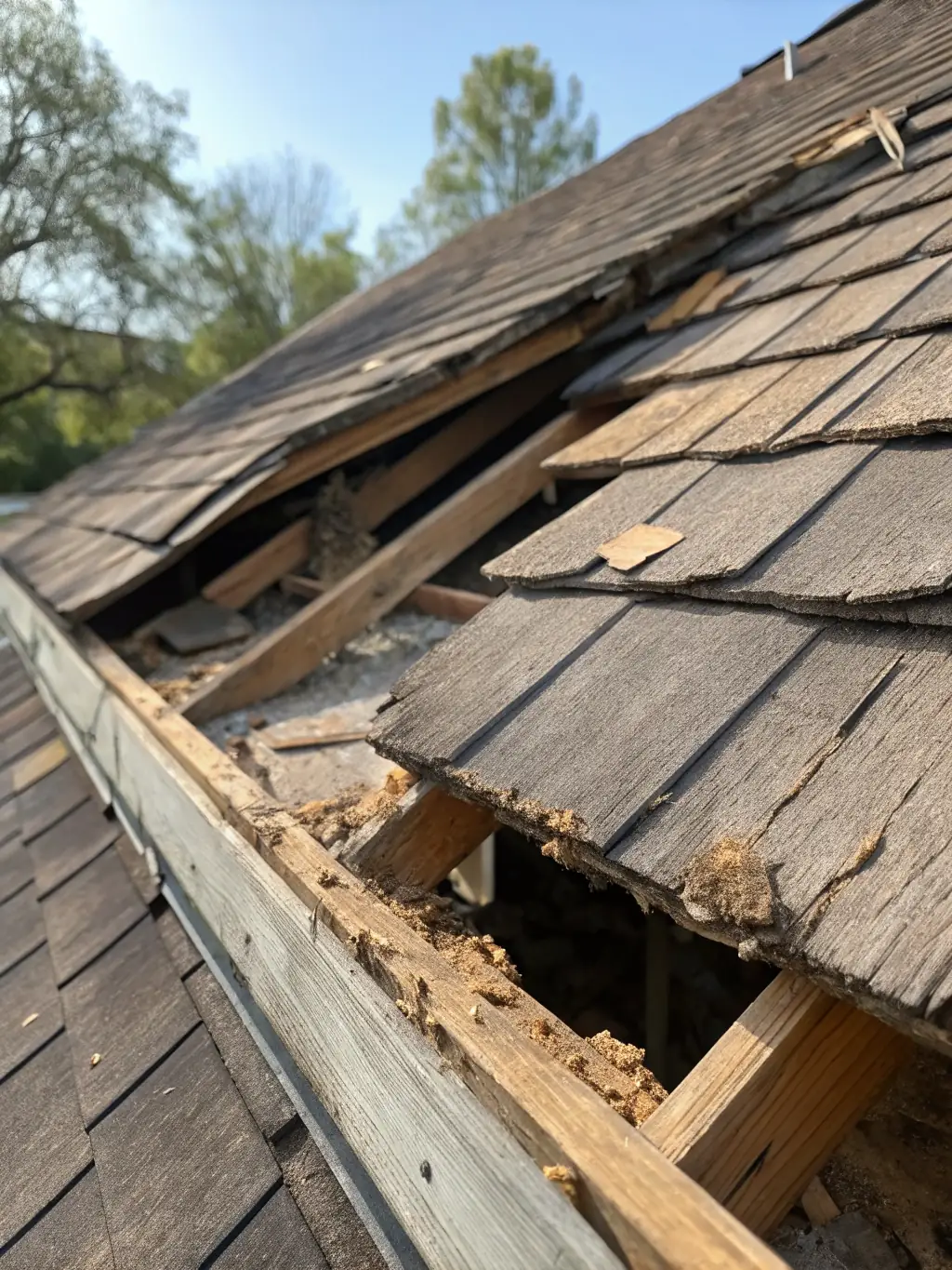 A damaged roof after a storm, with a team performing emergency repairs, emphasizing the speed and efficiency of the response.