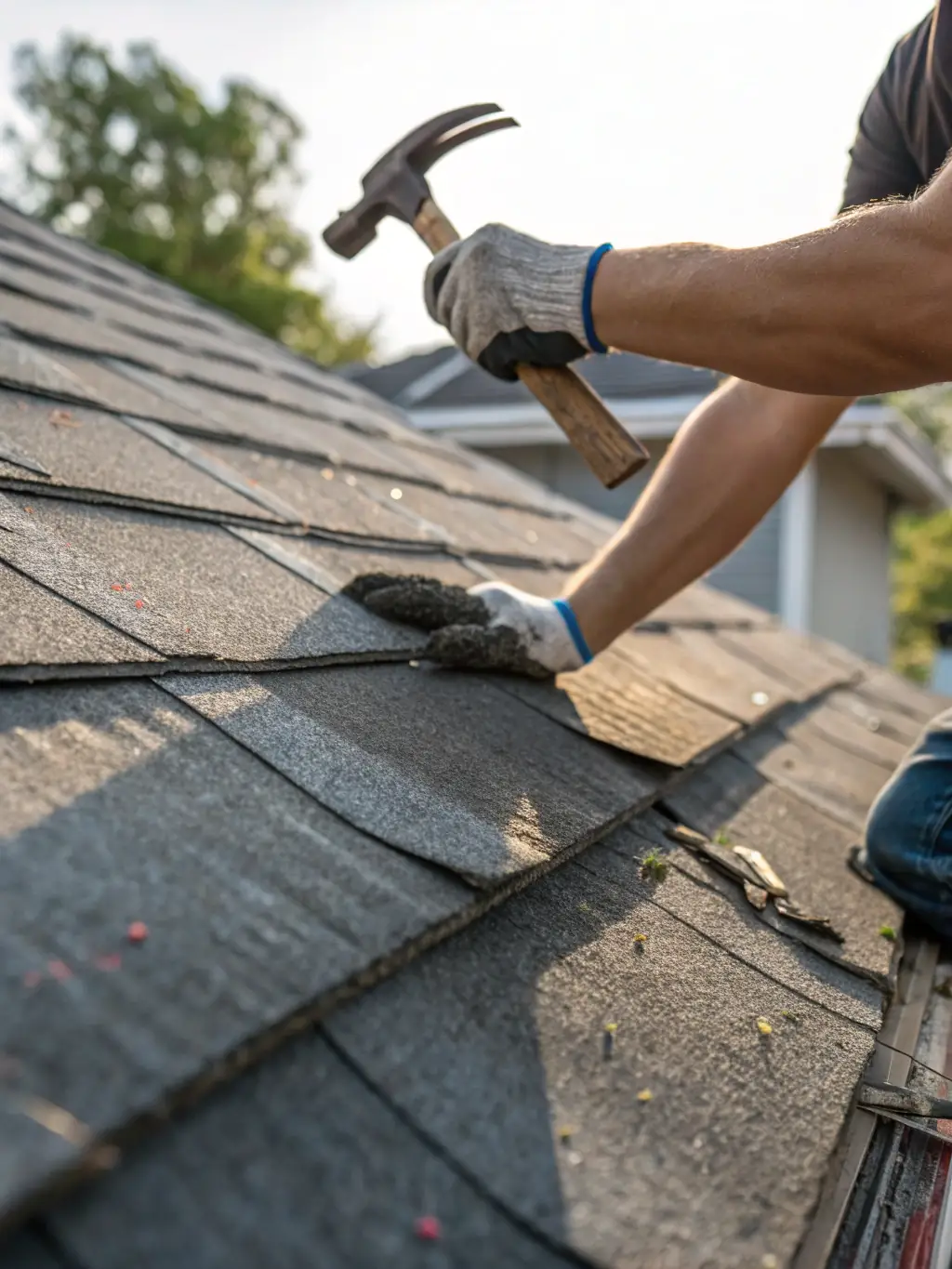 A close-up shot of a ZP3 Roofing technician expertly repairing a damaged shingle on a residential roof, showcasing attention to detail and quality workmanship.