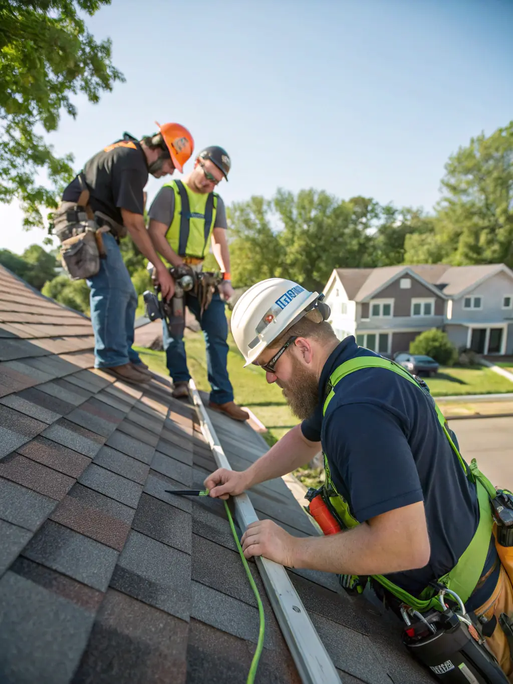 An image showcasing a ZP3 Roofing team assessing storm damage on a residential property, highlighting their quick response and thorough evaluation process.