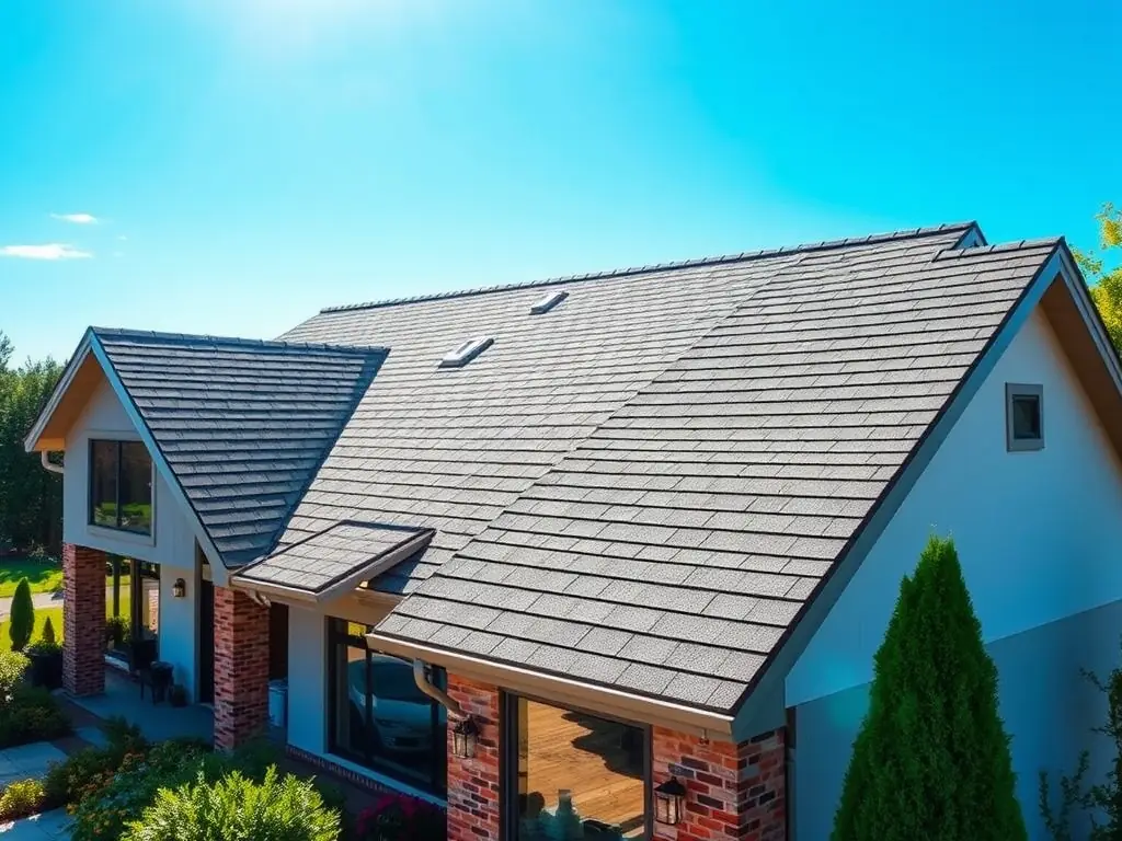 A newly installed, high-quality asphalt shingle roof on a residential rental property, showcasing its clean lines and curb appeal. The image should convey a sense of durability and aesthetic improvement.