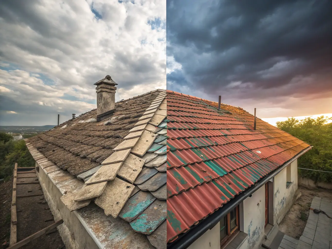 A before-and-after shot of a roof repair project on a commercial building, highlighting the transformation from a damaged, leaking roof to a structurally sound and watertight one.