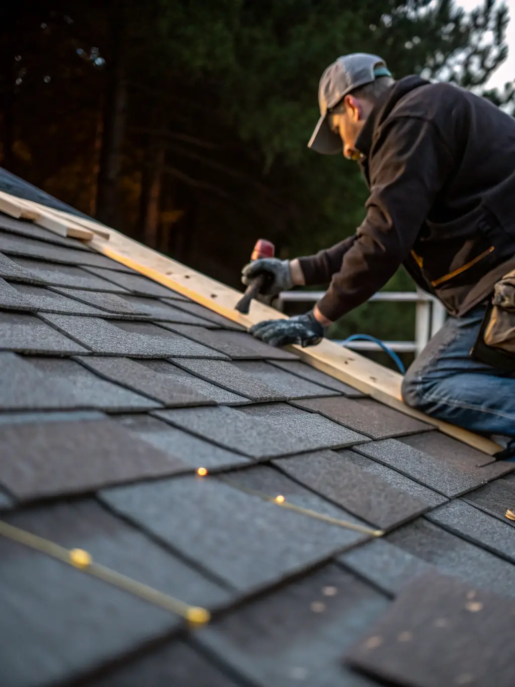 A technician repairing a roof with shingles, showing the repair process on a residential property, focusing on detail and craftsmanship.