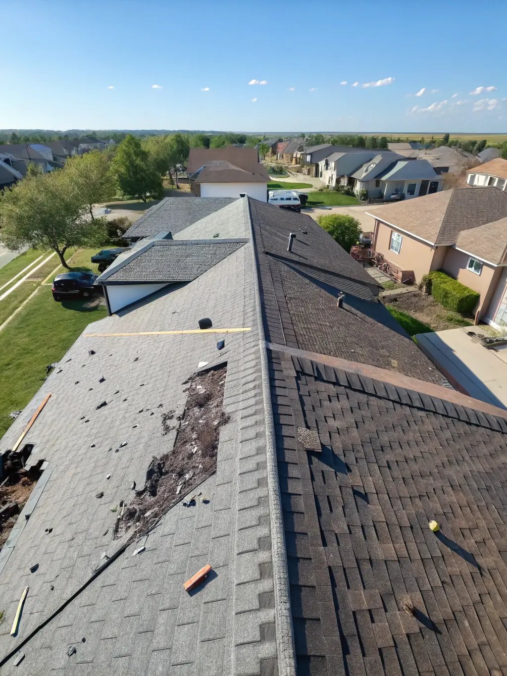 A before-and-after image showcasing a complete roof replacement project by ZP3 Roofing, demonstrating the transformation and enhanced property value.