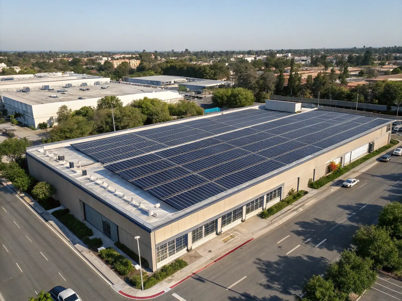 A drone shot of a commercial property with a newly installed, energy-efficient roofing system, emphasizing its modern design and potential for cost savings.